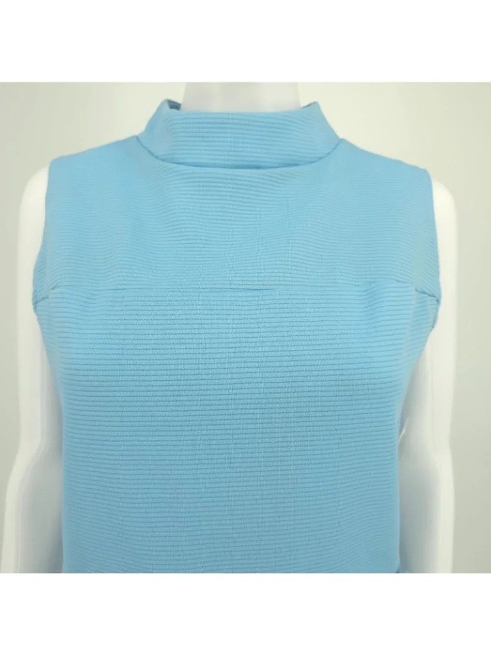 Vintage 1960s Blue Dacron Ribbed Knit Sleeveless Mock Neck Mod Mini Dress (M)